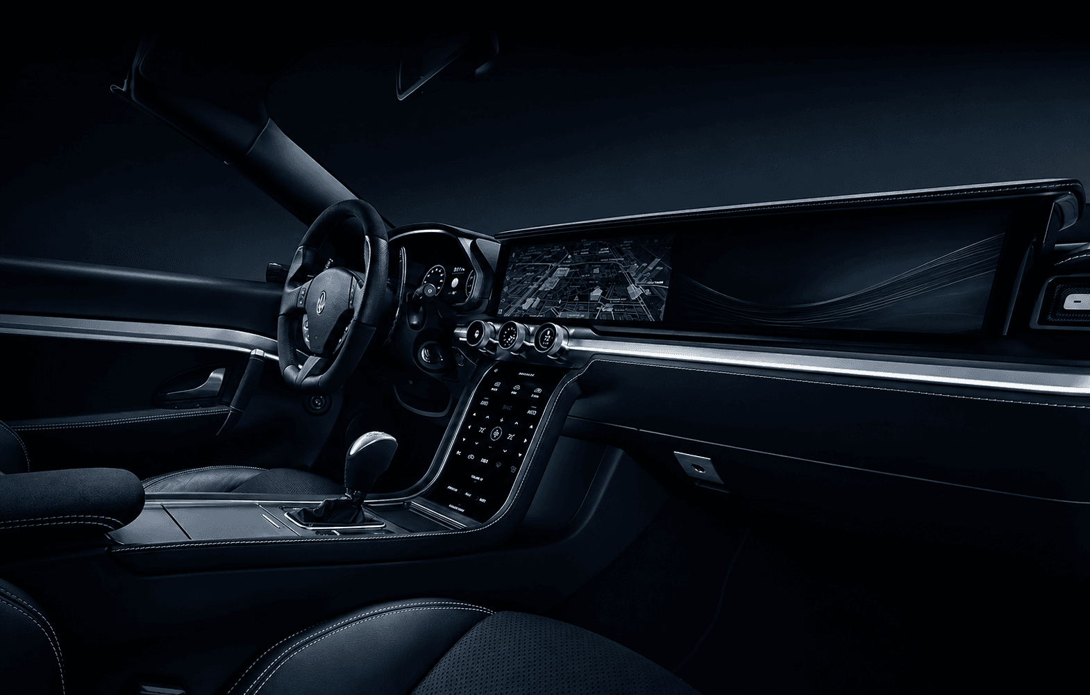 Premium car interior with dark leather seats, a sculpted center console, and a panoramic digital dashboard